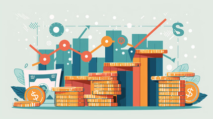 Dollar Banknotes and Coins with Rising Inflation Graph on Light Gray Background for Financial Growth and Development Illustration
