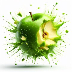 Explosive Freshness: Green Apple Burst on White Background