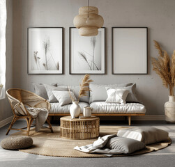 Modern Scandinavian Living Room with Light Gray Sofa, Armchair, Wooden Coffee Table, White Vase of Wildflowers, and Pendant Lamp