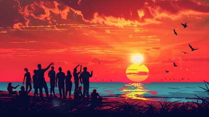 Silhouetted group of friends standing on the beach admiring the stunning vibrant sunset over the ocean horizon  They appear to be on a vacation enjoying a moment of leisure adventure