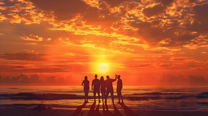 Fototapeta premium Silhouetted group of friends standing together and enjoying the vibrant colorful sunset at a scenic beachside location during a summer vacation or leisure getaway