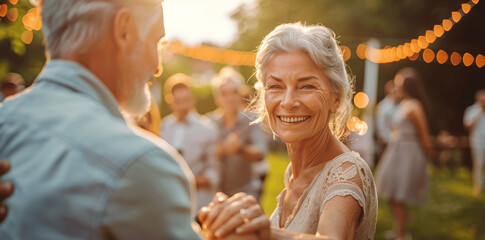 Senior couple dancing at summer garden party with family and friends having fun outdoors. Smiling middle aged man dancing. High quality photography with professional lighting and color grading