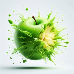 Explosive Freshness: Green Apple Burst on White Background