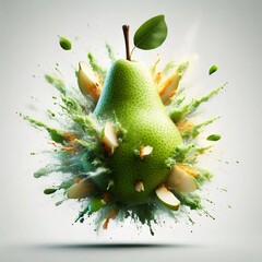 Explosive Freshness: Pear Burst on White Background