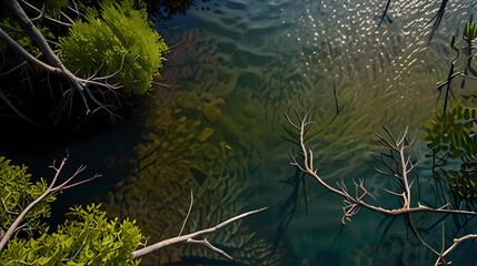 Top-down perspective of a mangrove forest, with intricate root systems visible in the shallow, clear water