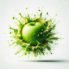 Explosive Freshness: Green Apple Burst on White Background
