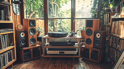 Vintage wood hi-fi system with turntable and large speakers in wooden room with vinyl records and warm light