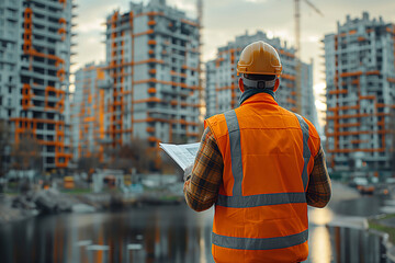 “Construction Worker Reviewing Blueprints at Residential Building Site”