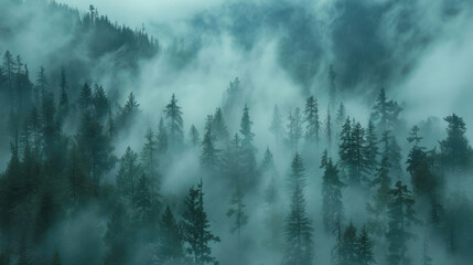 A dense forest shrouded in mist landscape
