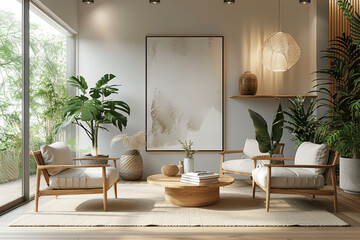 Modern Scandinavian Living Room with Wooden Armchairs and Large Windows