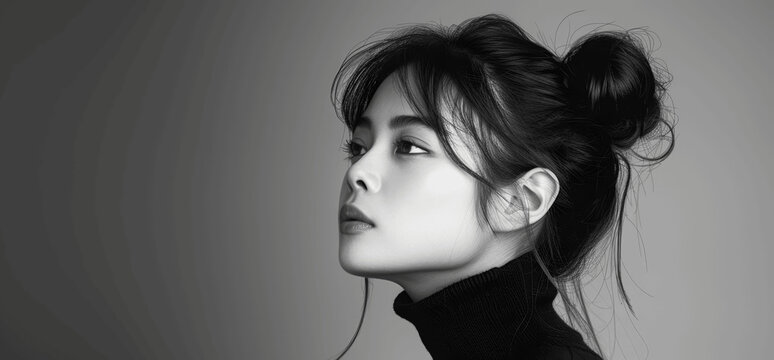 Black and white profile portrait of elegant Asian woman with bun in black turtleneck, minimalistic, grey background, side view, high contrast focus
