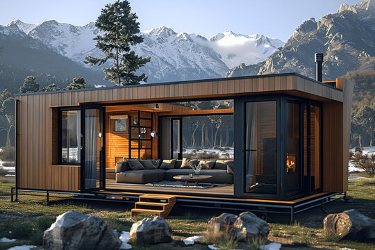 Modern Modular Wooden Tiny Home on Wheels with Flat Roof and Sliding Doors, HD Photo Realistic in Mountain Setting