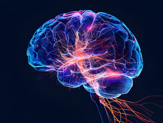 Brain xray, human anatomy, 3D Illustrated neurons,
Dynamic Neon Glowing Brain With Flowing Wires On Black
