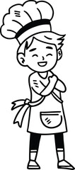A young boy wearing a chef's hat and apron is smiling and hugging himself