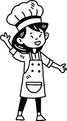 A woman chef is wearing a white apron and a chef hat