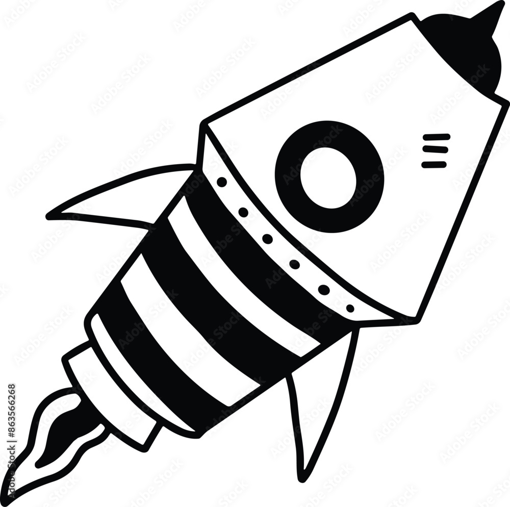 Poster a rocket is flying through space with a black and white color scheme