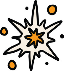 A black and white drawing of a star with a black dot in the center