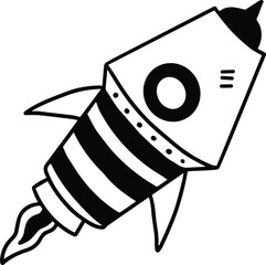 A rocket is flying through space with a black and white color scheme