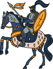 A knight on horseback is riding with a shield in his hand