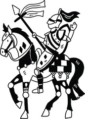 A knight on horseback is riding with a shield in his hand