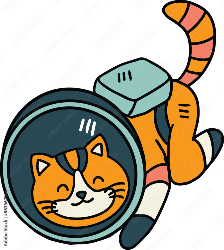 Poster a cat is wearing a space suit and is floating in space