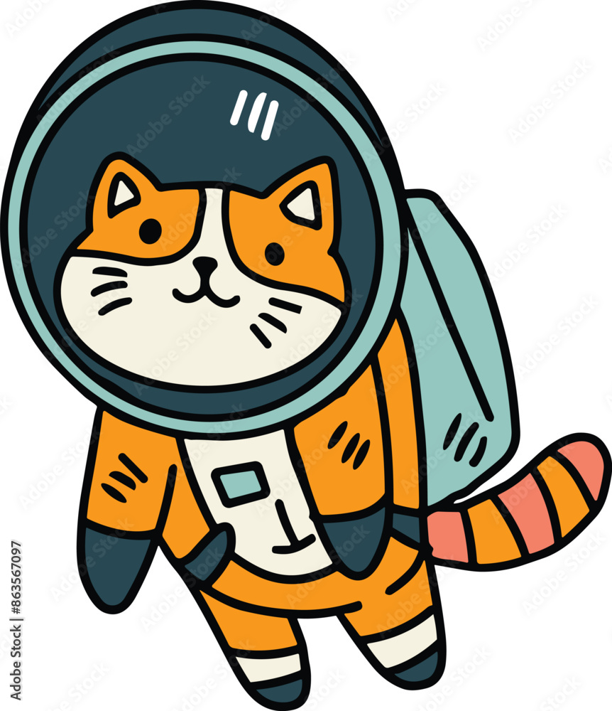 Poster a cat is wearing a space suit and is floating in space