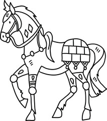 A horse is standing with its legs spread wide and its head down