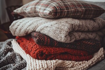 Fototapeta premium Comfy Knitted Blankets and Pillows Pile. Cozy Folded Plaids in Warm Winter Home Decor