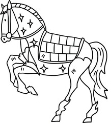 A horse is standing with its legs spread wide and its head down