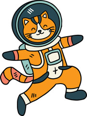 A cat is wearing a space suit and is floating in space