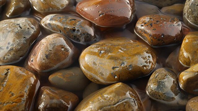 A closeup view of a group of smooth river stones draws attention to their unique shapes and sizes each one seemingly molded by the gentle flow of water.