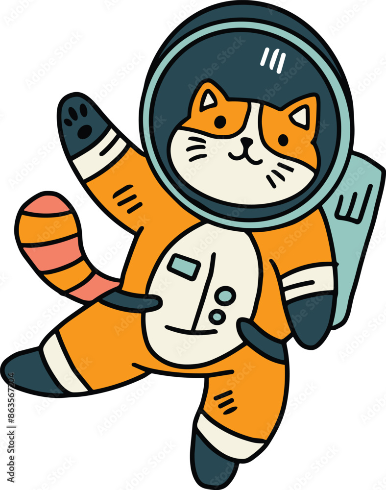 Poster a cat is wearing a space suit and is floating in space