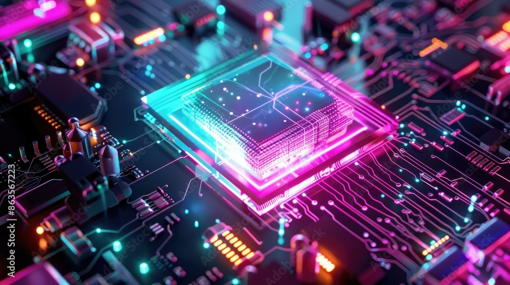 Wall mural close-up of a futuristic cpu with neon lights on a circuit board, representing ai, computing, and te