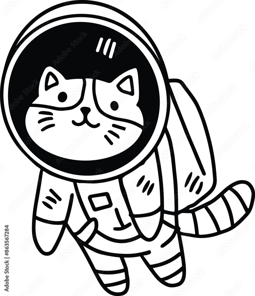 Poster a cat is wearing a space suit and is floating in space
