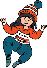 A girl in a hat and sweater is jumping in the air