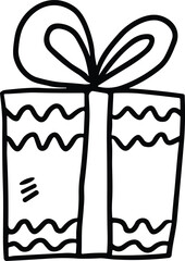 A black and white drawing of a gift box with a ribbon