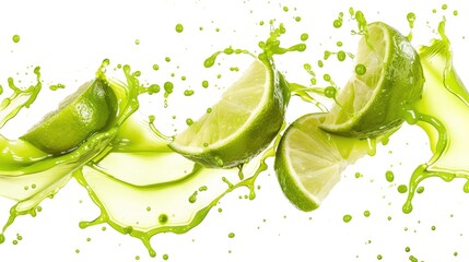 Dynamic splash of fresh lime juice with vibrant green lime slices. Perfect for refreshing and energetic visuals in culinary and beverage themes.