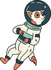 A cartoon dog is wearing a space suit and is floating in space