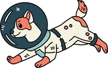 A cartoon dog is wearing a space suit and is floating in space