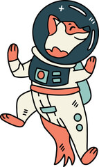 A cartoon dog is wearing a space suit and is floating in space