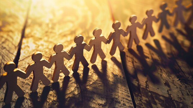 Paper cutout figures holding hands casting shadows on wooden surface