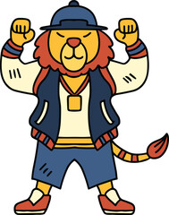 A cartoon lion is wearing a hat and a jacket