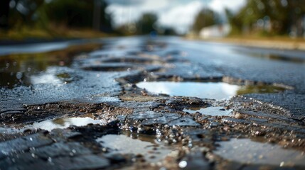Fototapeta premium The wet asphalt road is filled with water filled potholes