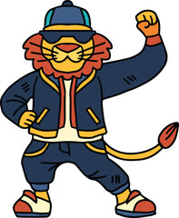 Obraz premium A cartoon lion is wearing a hat and a jacket