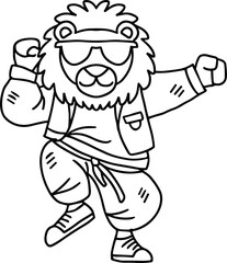 A cartoon lion is wearing a hat and a jacket