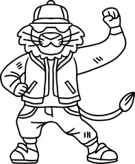 A cartoon lion is wearing a hat and a jacket