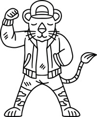 A cartoon tiger is wearing a jacket and hat