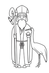 Illustration of Jurojin the seven gods of fortune in Japan with Tsuru or Japanese crane bird