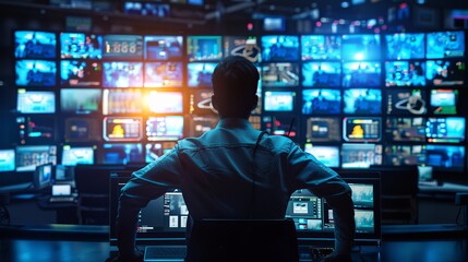 Media Mastery Illuminated Control Room with Live News Feeds Technology Communication and Power in Action