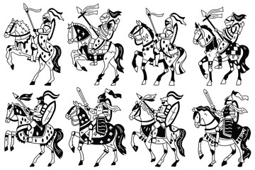 A series of black and white images of knights riding horses